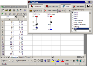 FlowScan software showing pressure and speed readings as gages